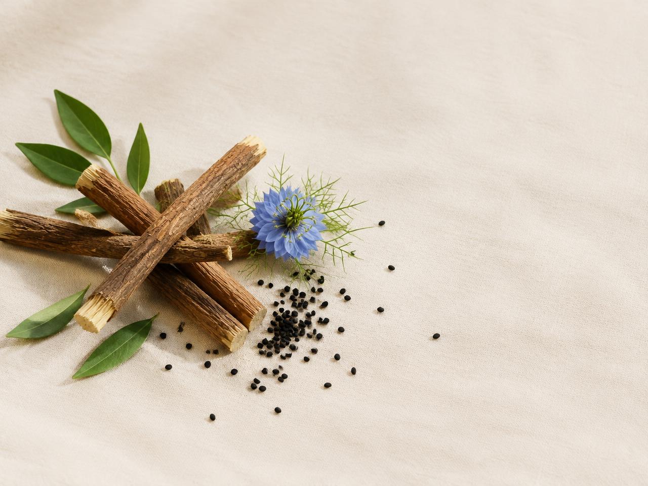 Bâtonnets de miswak, fleur et graines de nigelle